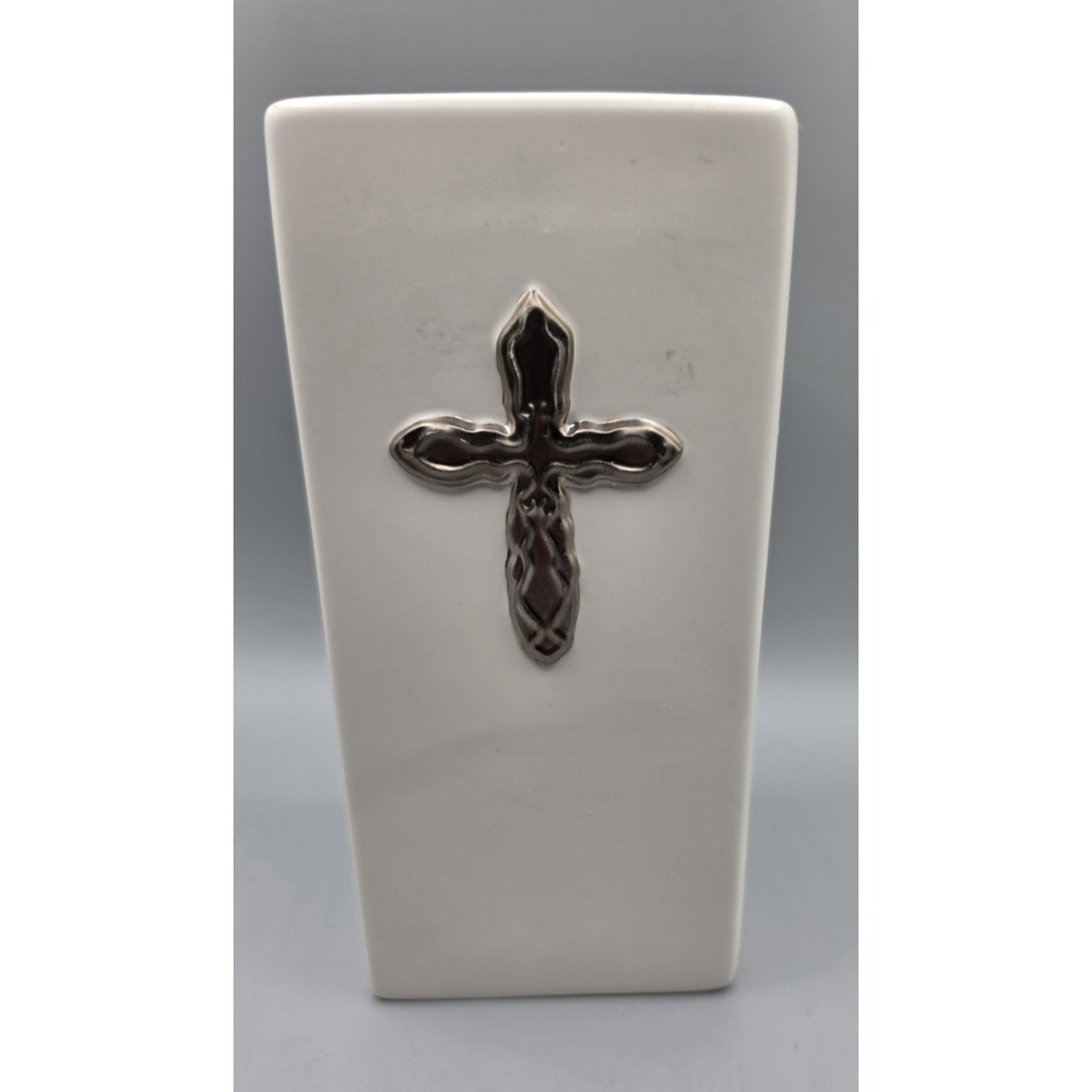 FTD Ceramic Cross Vase White Silver Religious Christian Floral Container 7"